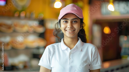 young indian woman standing at sweet shop