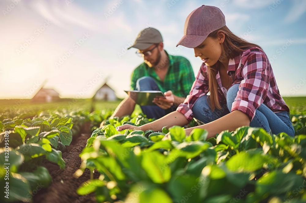 Inspectors examining crops in organic farm field, verifying certification standards. Inspectors examining crops in organic farm field, verifying certification standards.