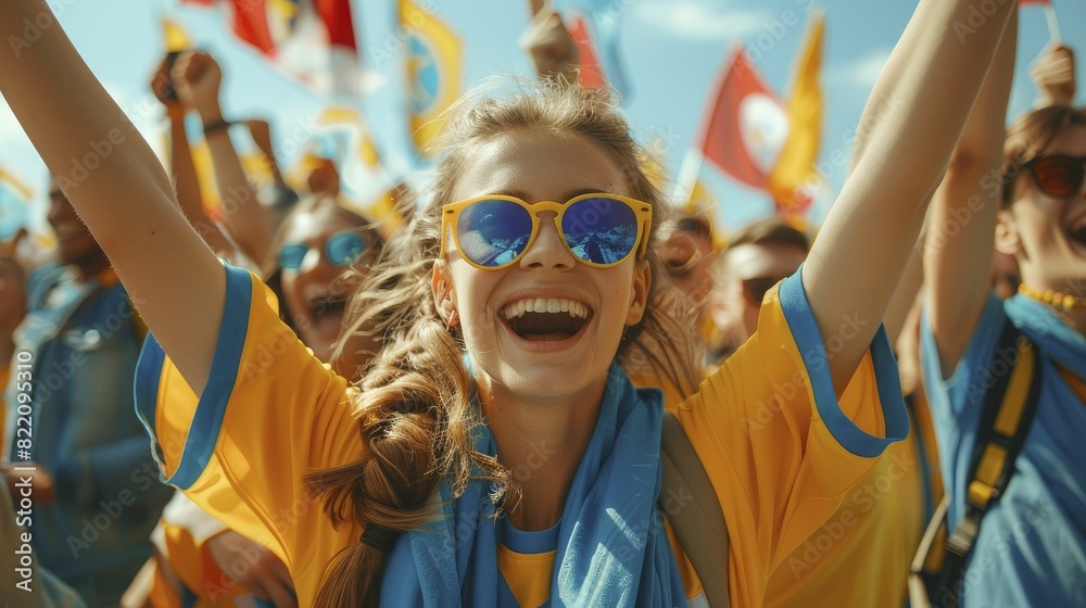 Cheering squad with flags and banners, team colors vibrant, fan enthusiasm captured.