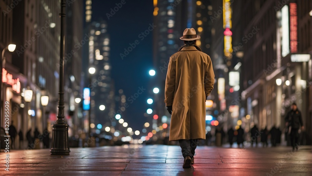 A man wearing a hat and coat is walking down a busy city street at night.

