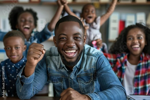 Excited African American Family Students in Classroom