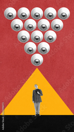 Pyramid of eyes focused on man, illustrating control through constant observation. No freedom. Contemporary art collage. Concept of propaganda, information, social pressure, news. Creative design © master1305