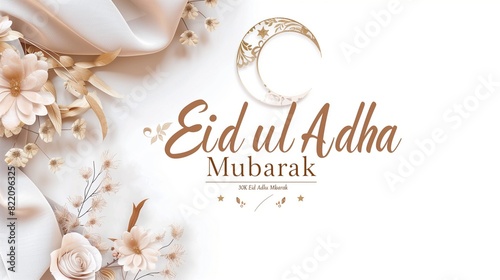 Elegant Eid ul Adha Mubarak calligraphy with crescent moon and floral elements, minimalist design, ample copy space