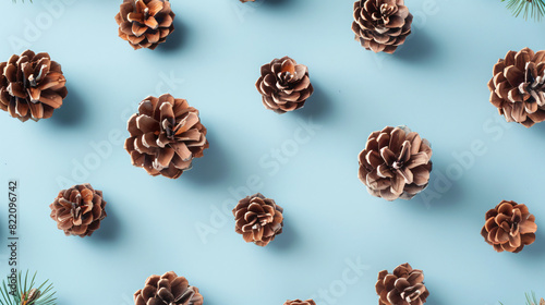 Flat lay composition with pinecones on light blue background