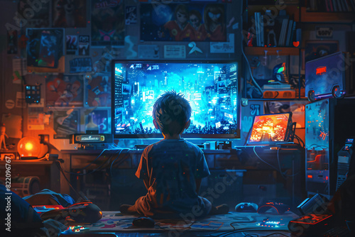 Video game and computer addiction concept, a young boy in front of a screen in a dark room