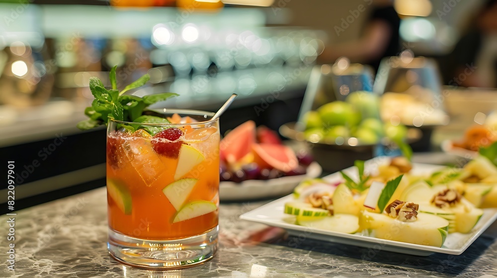 Cocktails and appetizers on apple juice counter Cocktails and appetizers on apple juice counter