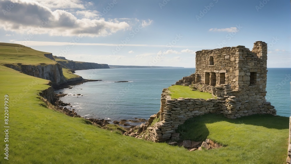 The image is of a ruined stone building on a cliff overlooking the ocean.

