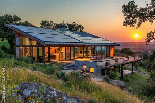African American Family's Sustainable Living: Modern Home with Solar Panels at Sunset