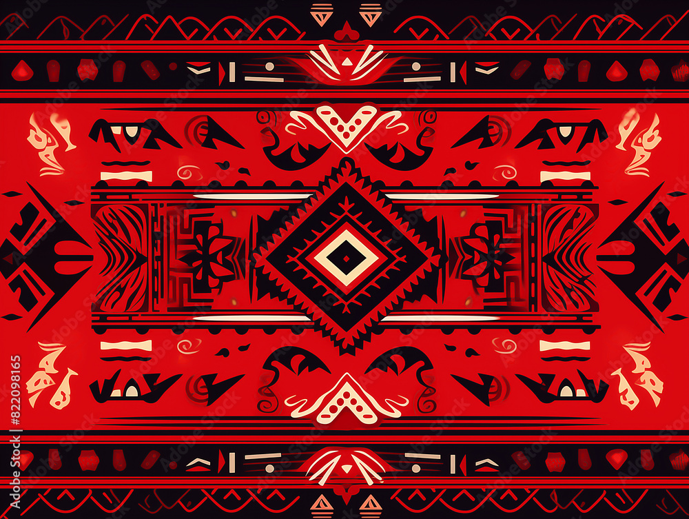 print design in the style of ethnic carpet patterns, Aztec art and African textile designs. Red blue yellow orange	
