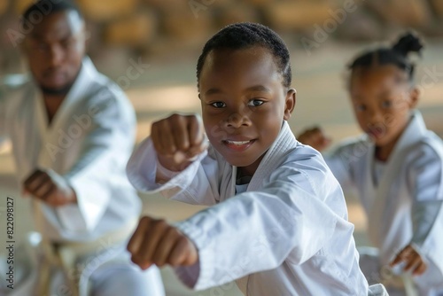 Dynamic African American Family Participating in Martial Arts Training with Instructor