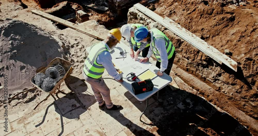 Team, architects and blueprint of building, construction or digging site for planning foundation of mining infrastructure safety. Group, engineer and excavation design of project development progress