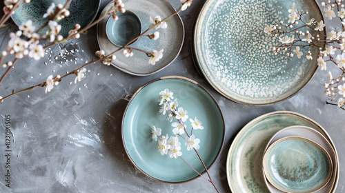 Flat lay composition with stylish ceramic plates
