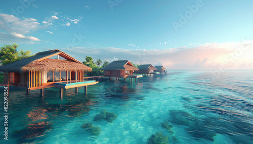 Overwater bungalows in a paradise resort  turquoise lagoon below copy space  luxurious escape  surreal  composite  island backdrop