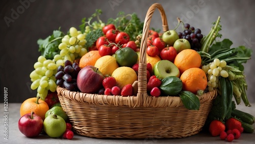 The image is a wicker basket filled with fruits and vegetables. The basket is sitting on a wooden table. There are apples  grapes  pears  and other fruits in the basket.  