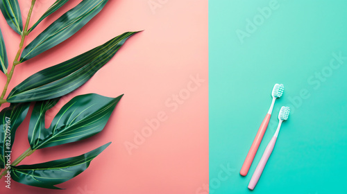 Flat lay composition with tongue cleaner on color background