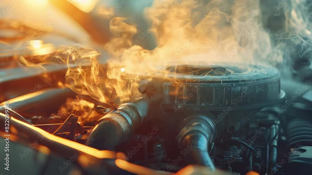 Captivating close-up showcasing a car engine billowing smoke, creating a fiery and intense visual experience