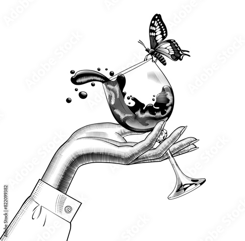 A woman's hand holding a falling glass of wine with a sitting butterfly on the edge of the glass. Black and white vintage engraving, stylized drawing. Vector illustration