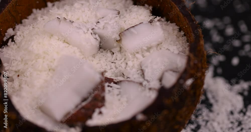 white coconut pulp and dried coconut flakes, a close-up of which is used in the preparation of desserts white coconut pulp and dried coconut flakes, a close-up of which is used in the preparation of desserts