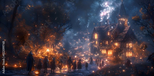 Children dressed as witches and goblins approaching a decorated house, with a spooky atmosphere