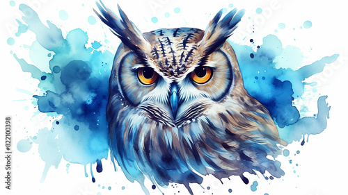 Wise owl, a forest bird with expressive eyes in colored splashes of watercolor paints photo
