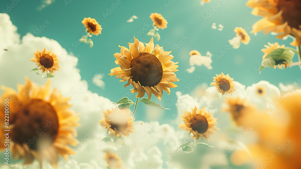 Surreal floating sunflower heads drifting in a dreamy sky with clouds Surreal floating sunflower heads drifting in a dreamy sky with clouds
