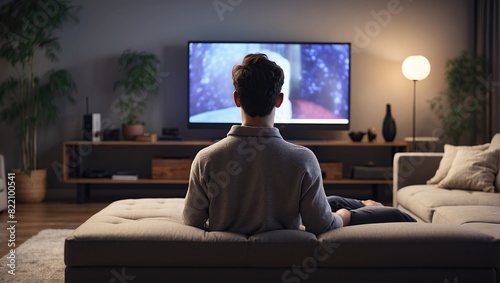 A man is sitting on a couch in a living room. He is holding a video game controller and watching a first-person shooter game on a large screen TV.

 photo