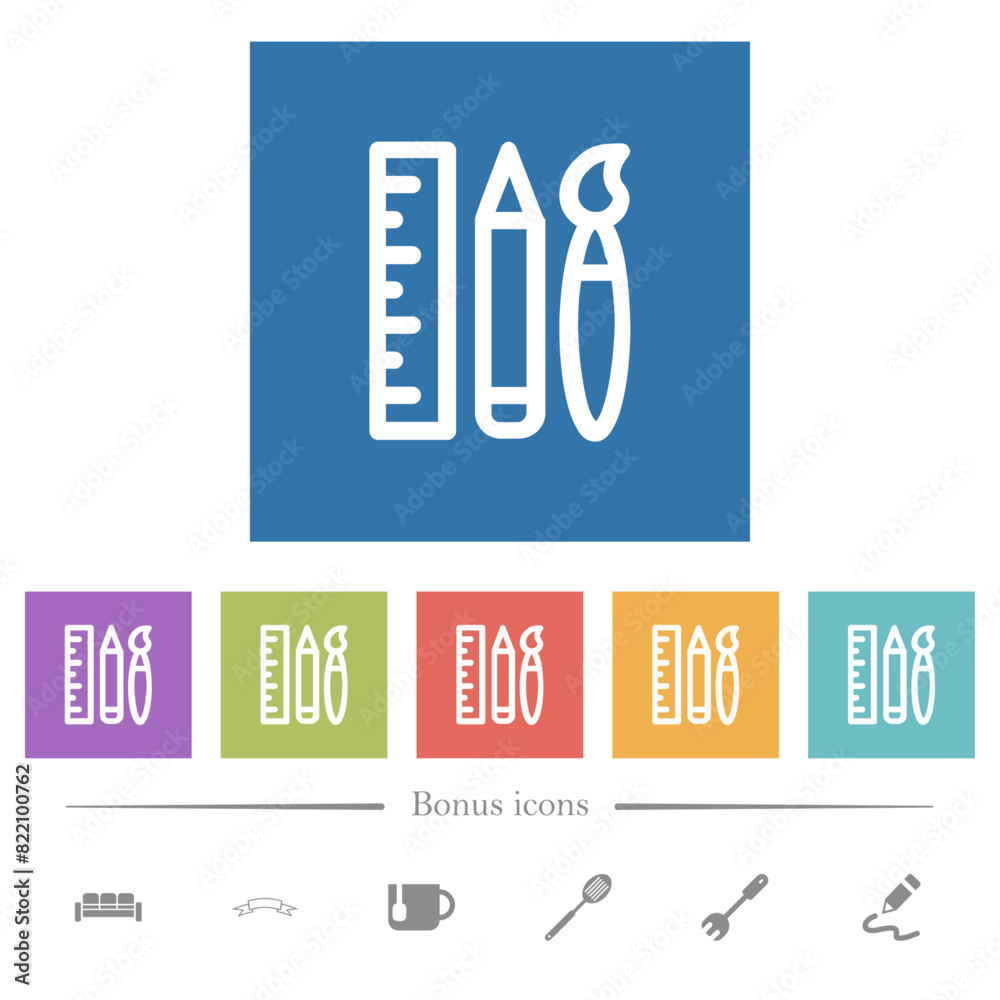 Art tools outline flat white icons in square backgrounds Art tools outline flat white icons in square backgrounds
