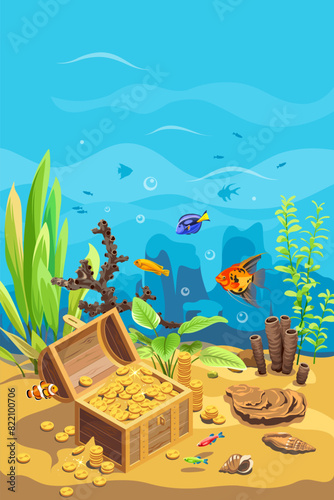 Vector ocean world. Exotic seascape with fish, seaweeds, corals and chest. Aquatic ecosystem. Illustration of underwater life. Undersea bottom.
