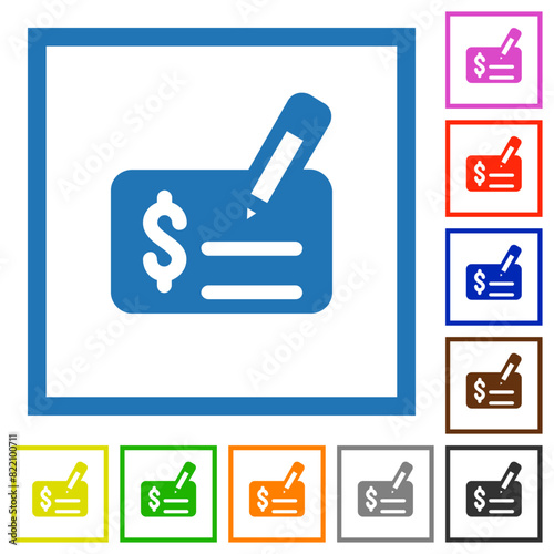 Cheque signing solid flat framed icons