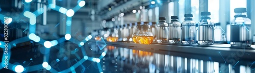 A row of laboratory vials in a manufacturing facility highlights scientific research and advanced technology. photo