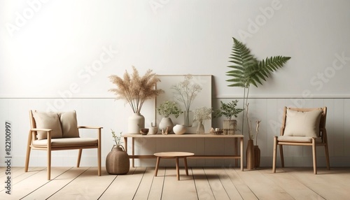  A minimalist interior featuring a wooden table with potted plants, surrounded by wooden furniture and earth-tone walls, creating a serene and cozy atmosphere that highlights the beauty of simplicity 