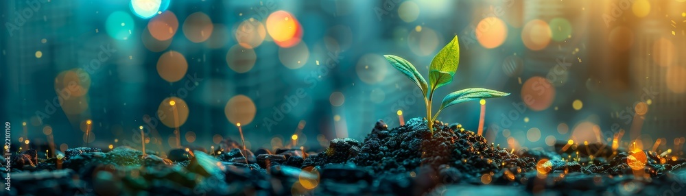 Close-up of a young plant sprouting in rich soil under gentle rain with colorful bokeh lights in the background symbolizing growth and renewal. Close-up of a young plant sprouting in rich soil under gentle rain with colorful bokeh lights in the background symbolizing growth and renewal.
