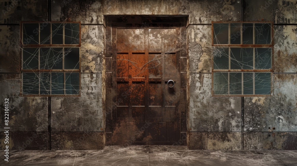 A weathered steel door with grid windows embedded in a heavily textured concrete wall, hinting at the fortitude and isolation of the structure.