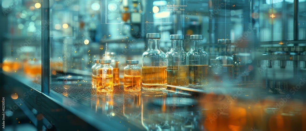 Fototapeta premium Glass bottles with chemical liquids in a modern laboratory setting, reflecting laboratory equipment and advanced scientific research environment.