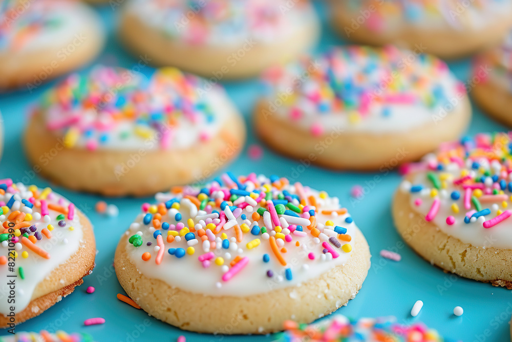 Some sugar cookies with colored sprinkles on a light blue table. Nice concept for National Sugar Cookie Day