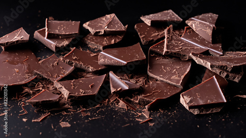 Eine Nahaufnahme von zerbrochenen Stücke von einer Tafel Schokolade mit schwarzem Hintergrund photo