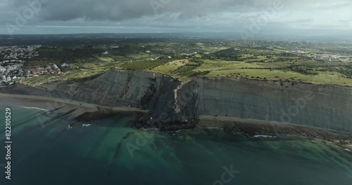 Aerial view of cliffs, ocean, beach, and village in Praia da Luz, Rocha Negra, Algarve region, Portugal.