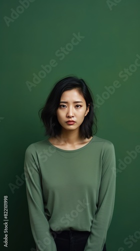 Olive background sad Asian Woman Portrait of young beautiful bad mood expression Woman Isolated on Background depression anxiety fear burn out health issue problem mental