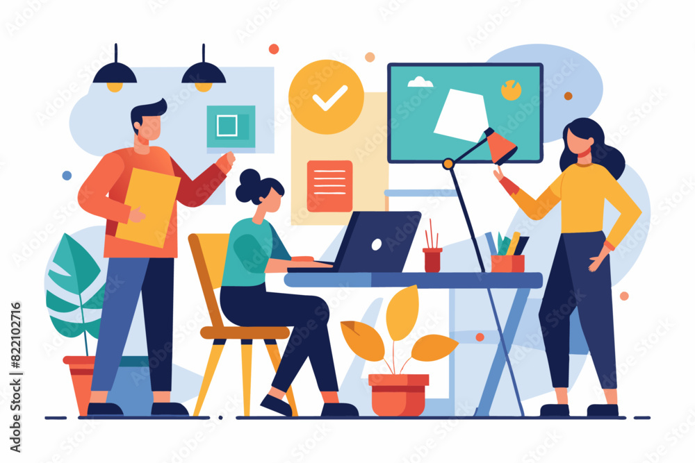 Fototapeta premium Design studio concept with people scene woman and man drawing elements and graphics designers team flat illustration