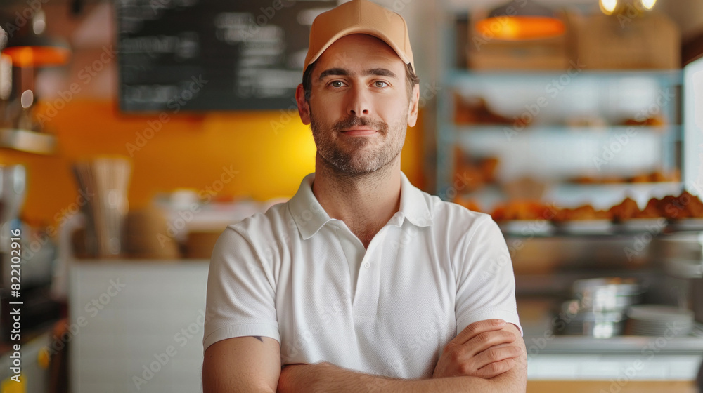 Young man employee standing at restaurant or cafe Young man employee standing at restaurant or cafe
