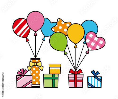 Illustration of line drawing of many colorful balloons and presents