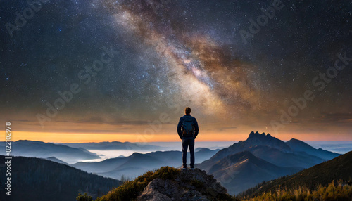 Silhouette of man on mountain peak under starry sky, reflecting contemplation and wonder of the universe © Your Hand Please