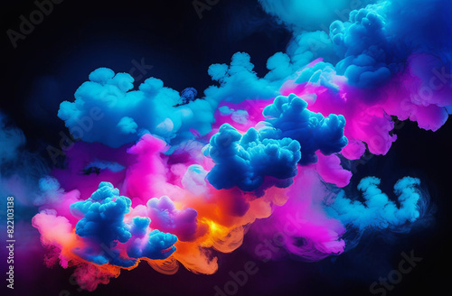 A colorful cloud of purple, pink, violet, and magenta smoke billowing out of a bottle against a black background, resembling a stunning artistic gas font in the sky
