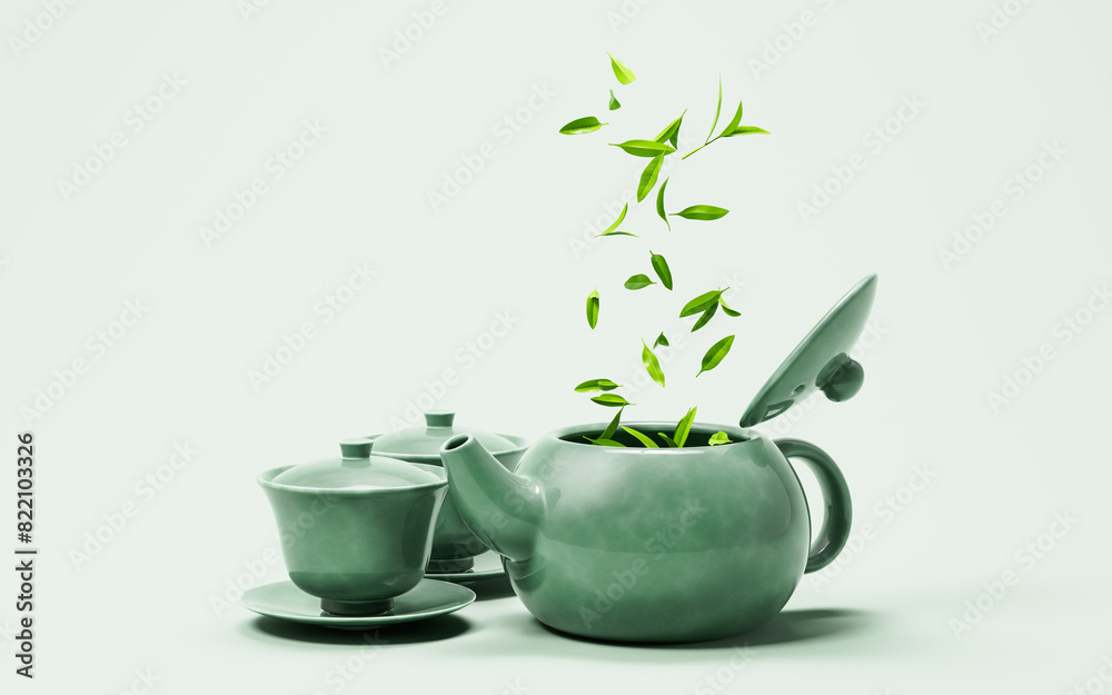 Chinese ancient teapot and teacup with tea leaves, 3d rendering. Chinese ancient teapot and teacup with tea leaves, 3d rendering.