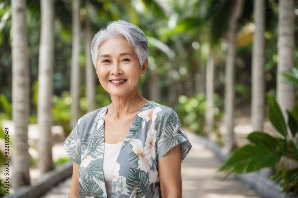 an elderly Asian lady shines on her tropical vacation, providing an excellent canvas for advertising content. an elderly Asian lady shines on her tropical vacation, providing an excellent canvas for advertising content.