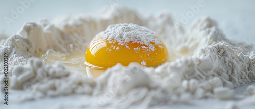 close up raw egg yolk nestled in a soft mound of white flour, highlighting ingredients for baking photo