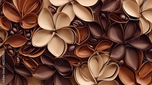 Artistic floral composition crafted from coffee beans in shades of brown, creating a rich, textured abstract background.