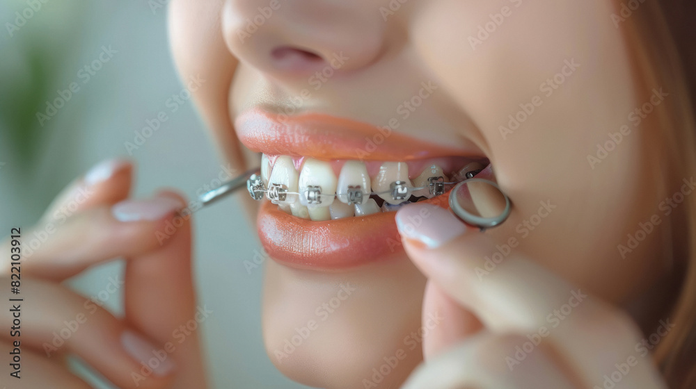 Woman with dental braces cleaning teeth
