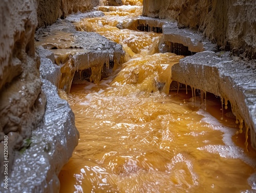 Murky orange waters cascade through a narrow, rocky channel suggesting industrial pollution, creating a sense of environmental degradation and urgency photo