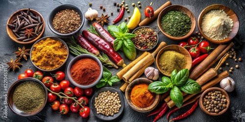 Hearty and colorful assortment of spices and herbs on a wooden table.